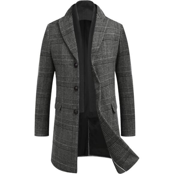 Men's Wool Blend Coat with Detachable Plaid Scarfs Black Plaid - Picture 1 of 6
